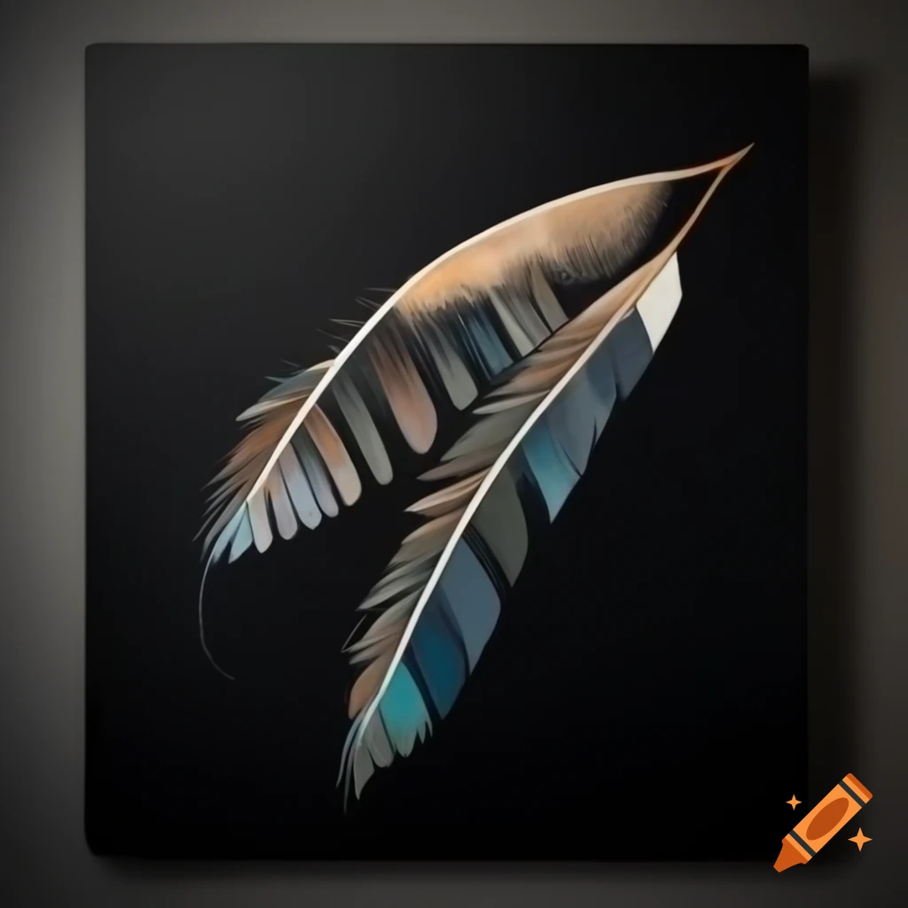 Abstract painting featuring feathers on black canvas