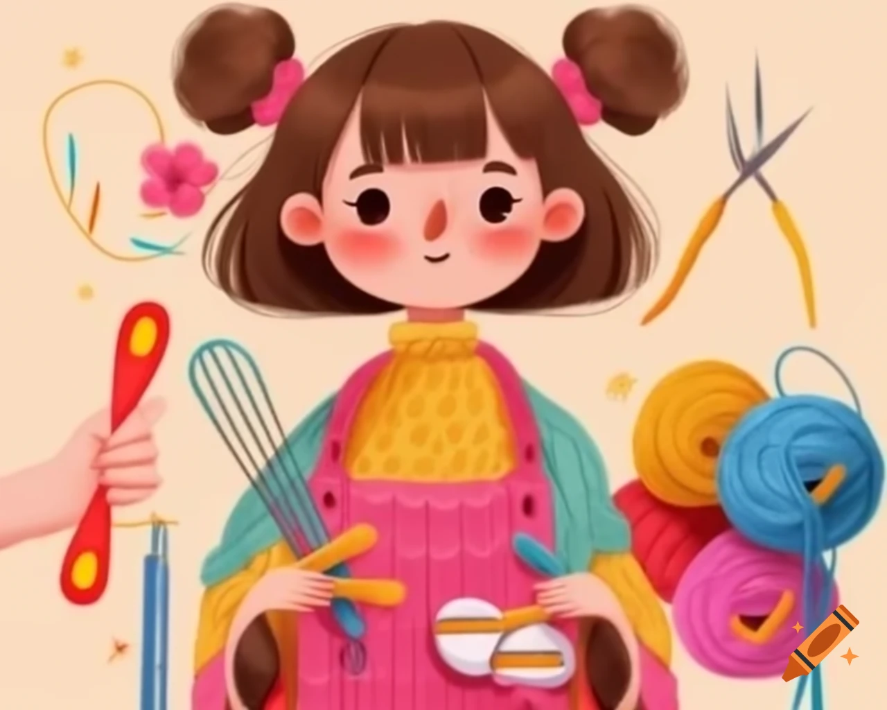 Girl with short light brown hair holding crochet tools and yarn