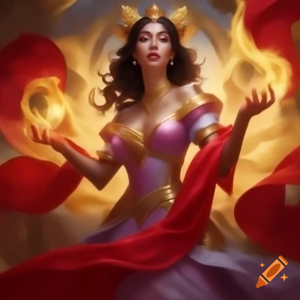 Woman in pink and gold with red scarf in magical landscape