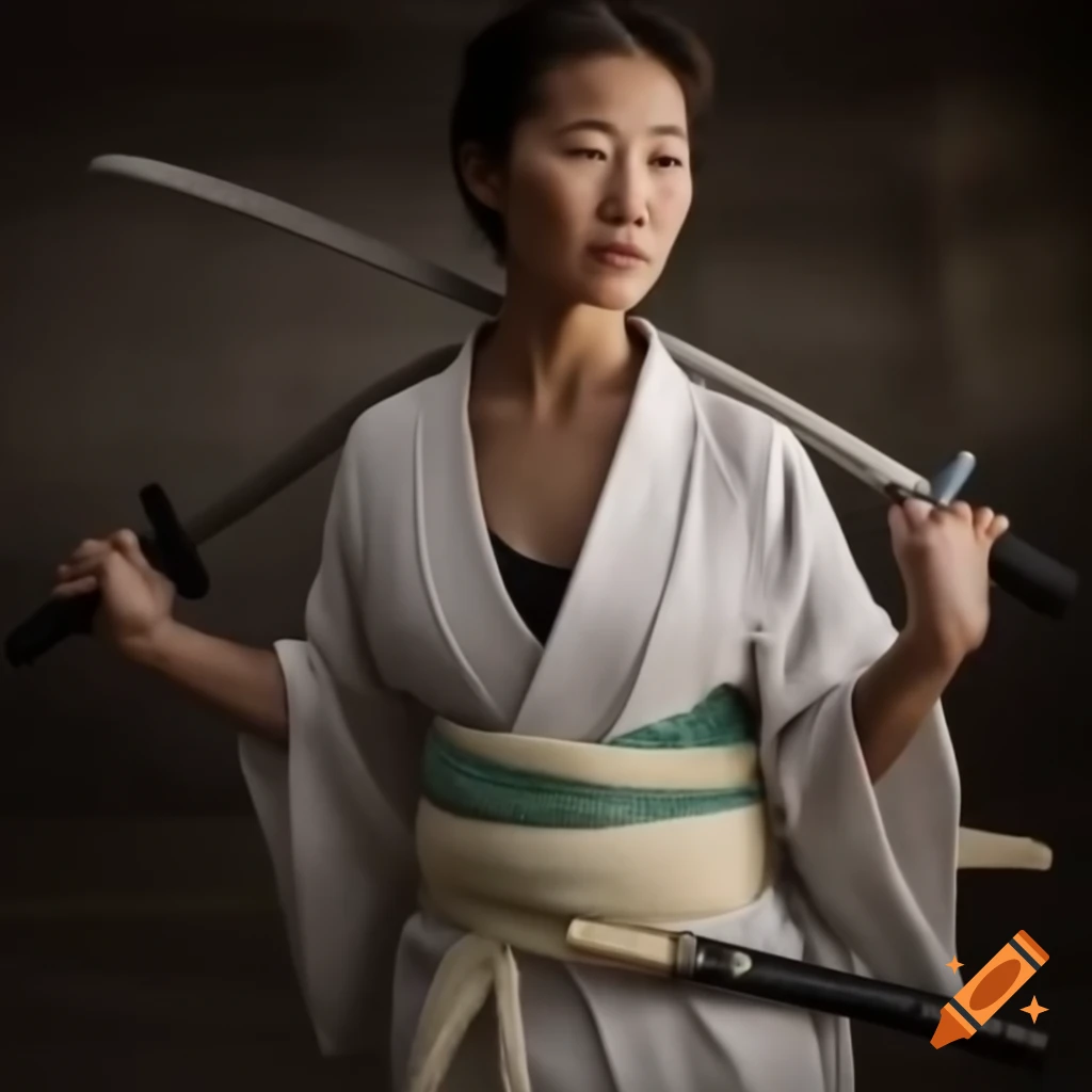 Women samurai in white kimono wielding two white katanas
