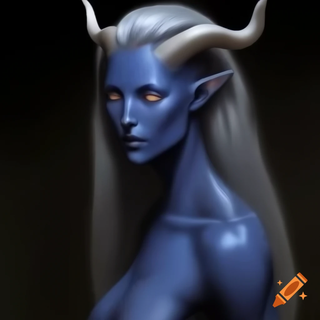 Feminine humanoid with dark navy blue skin, silver hair, and bronze horns