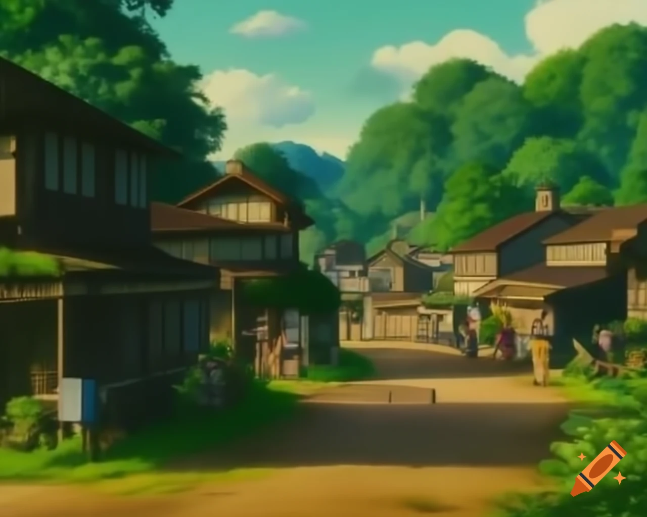 Buoyant village scene with soft anime-style lighting reminiscent of Studio Ghibli