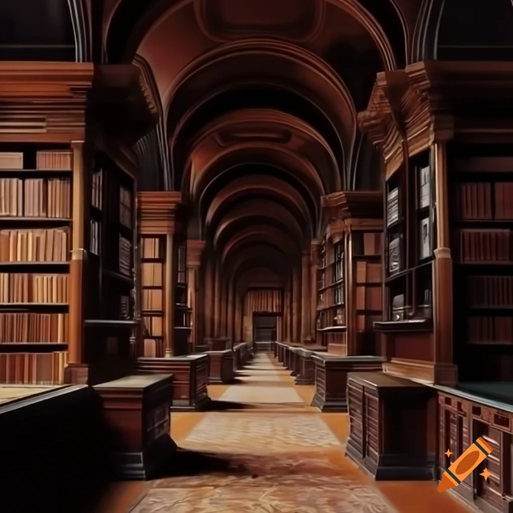 Impressionist painting of elegant bookshelves in a grand library