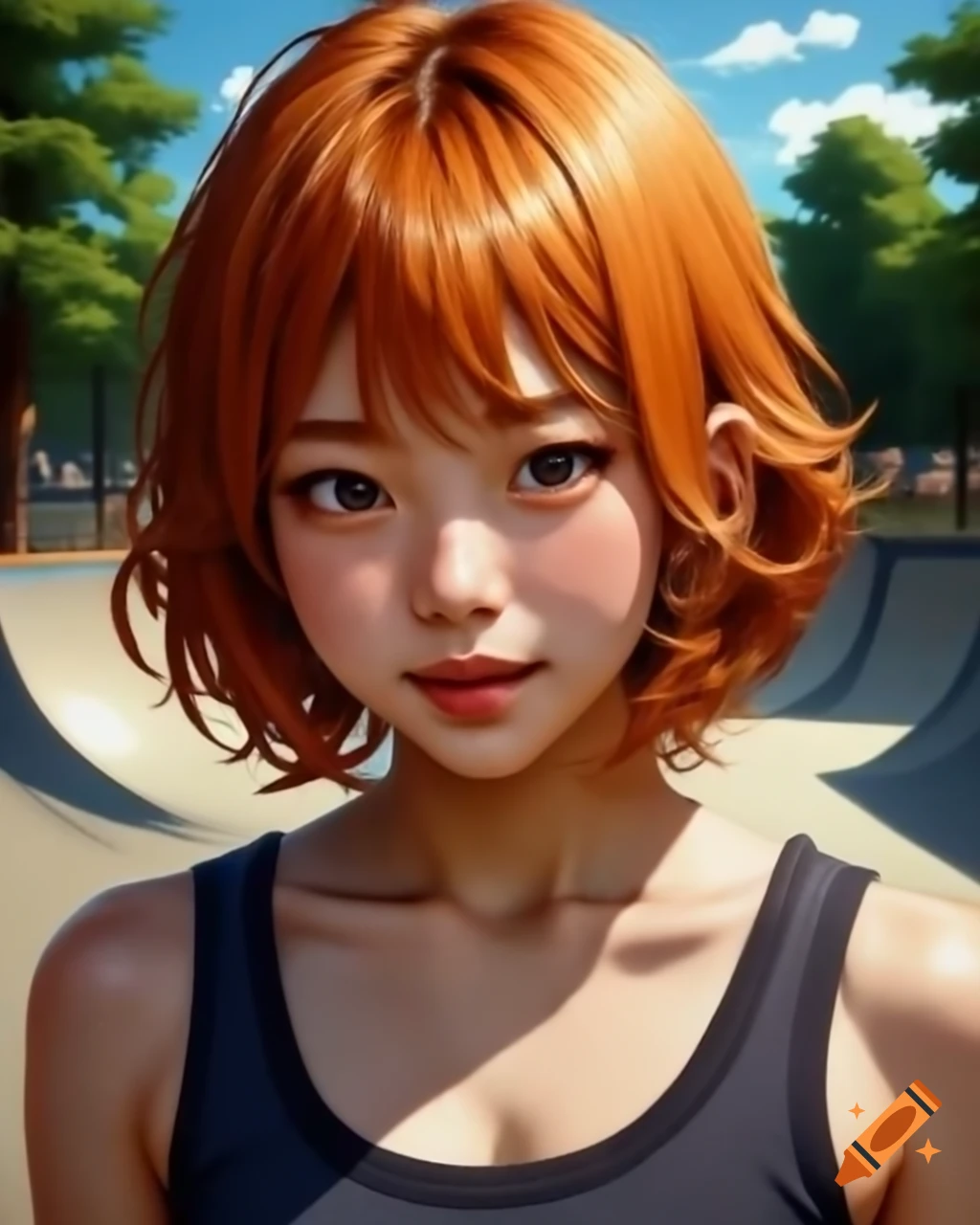 Pixel art of a blushing female skater with ginger hair in a skate park