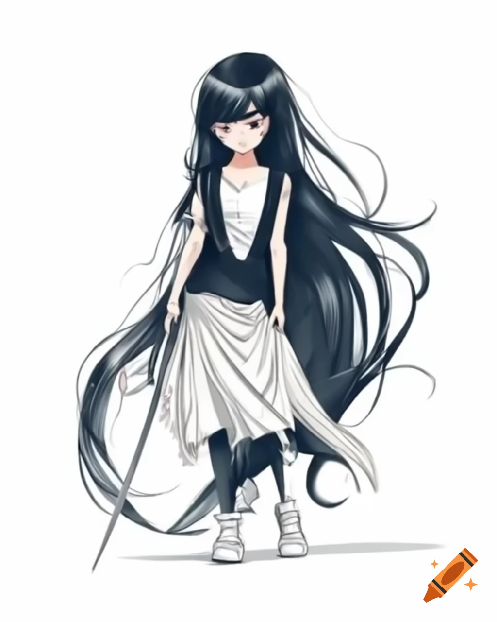 Full-length portrait of young woman with long black hair holding a sword in 1980s retro anime style