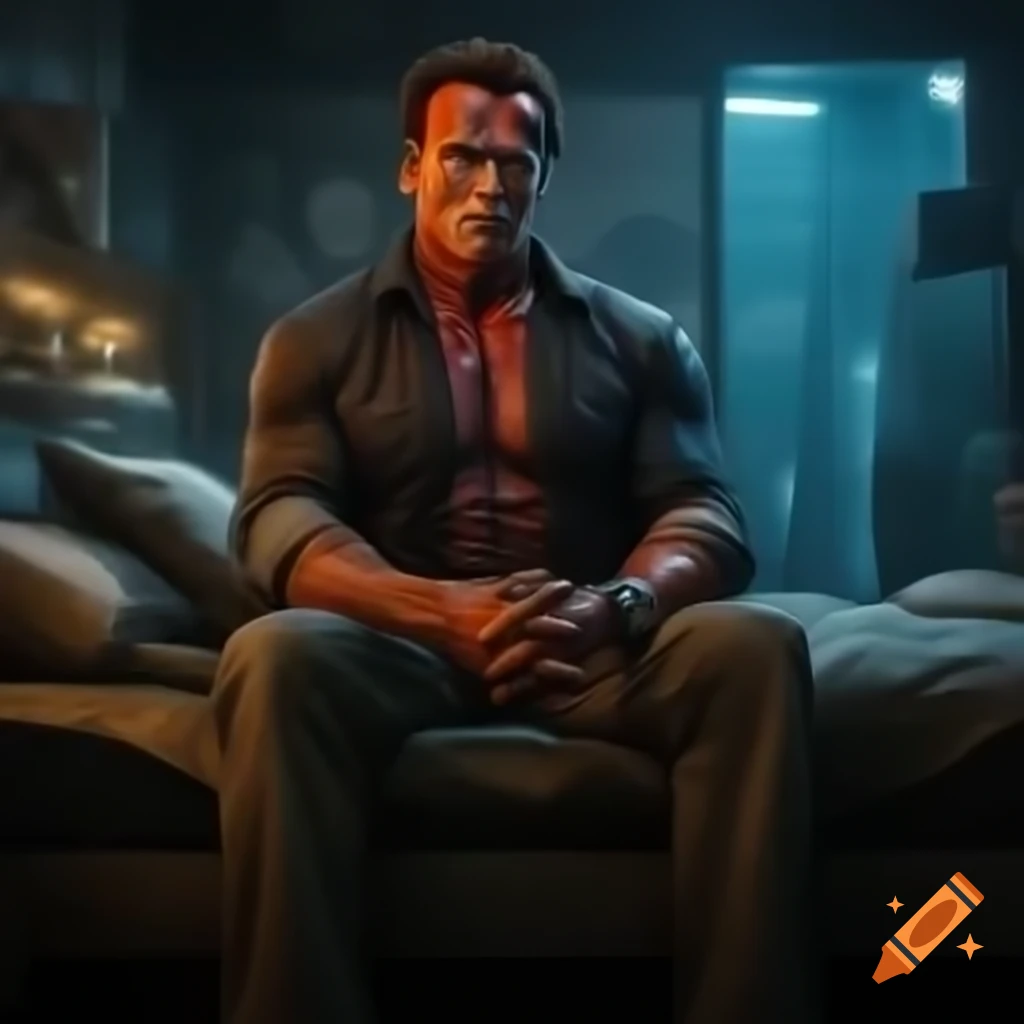 Arnold Schwarzenegger in a futuristic cyberpunk bedroom