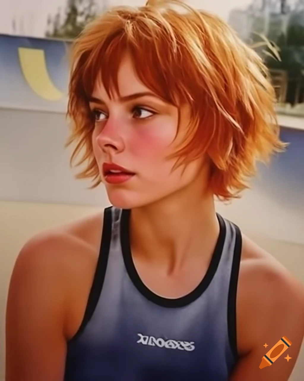 Hyper-realistic yandere French female skater with ginger hair at skate park, detailed face features