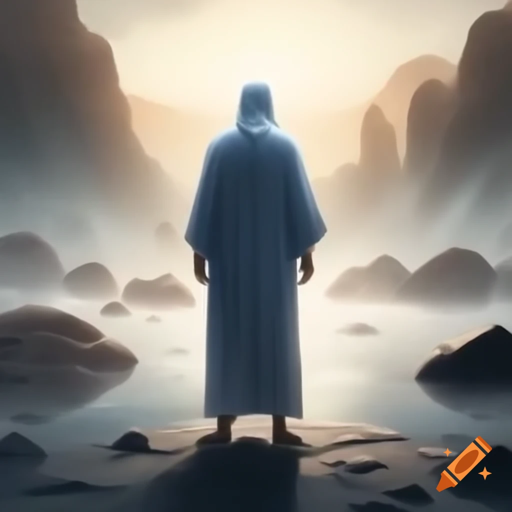 Faceless man meeting Al-Khidr at river shore in serene setting