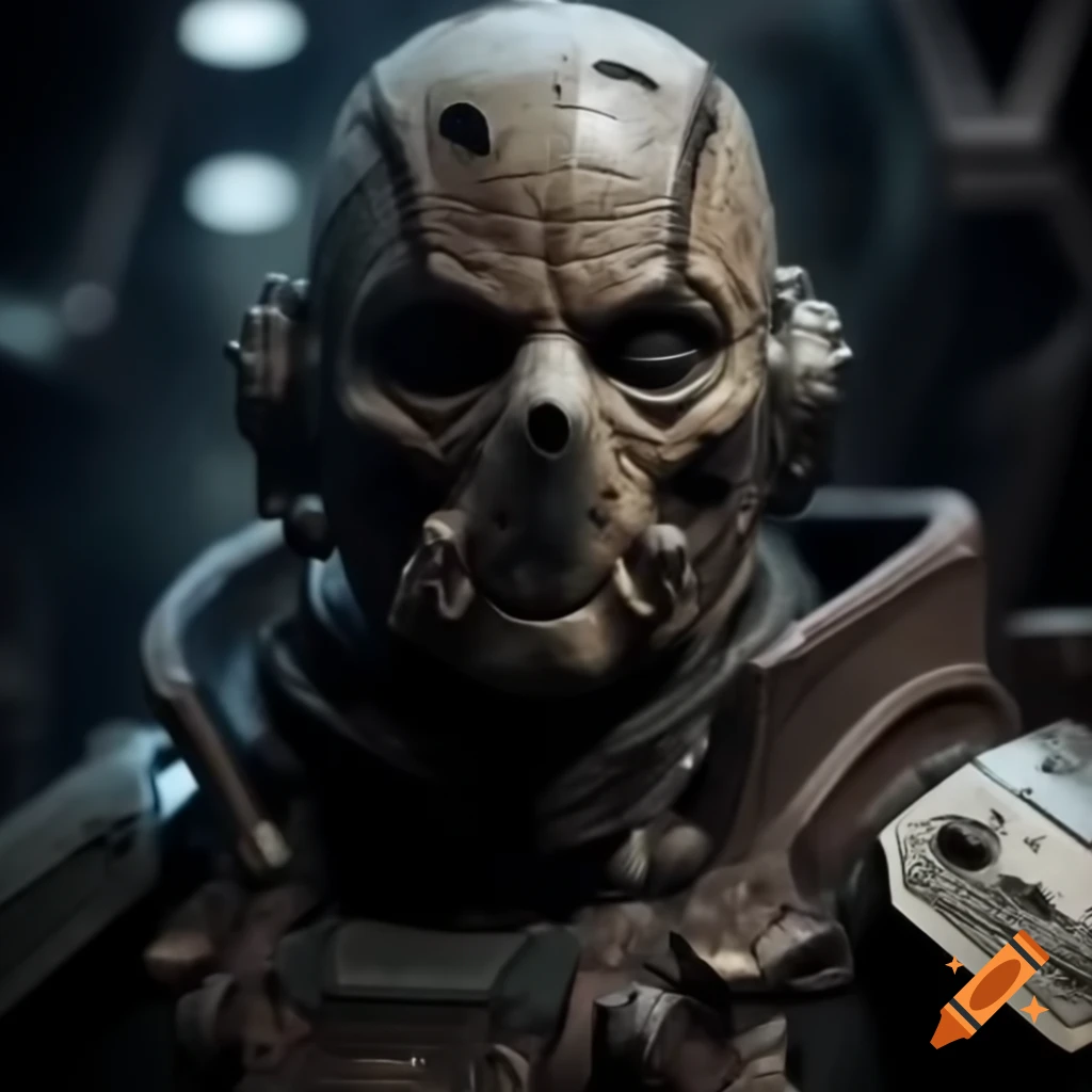 Realistic masked human pirate in high-tech armor made from scrap materials