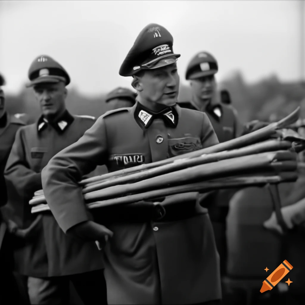 German general carrying wooden sticks