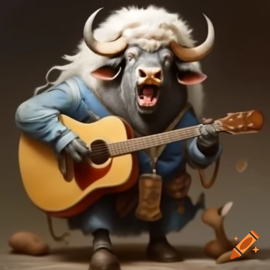 Buffalo with white long hair laughing and holding a guitar