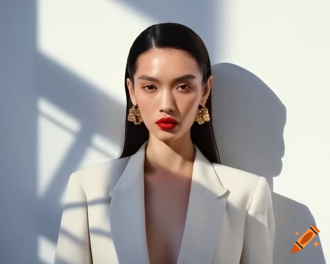 Photorealistic fashion editorial of woman in designer blazer against futuristic wall