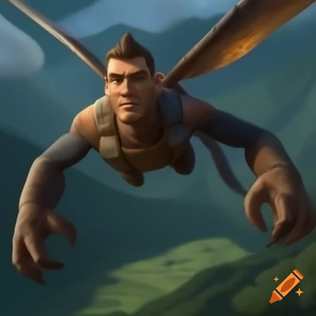 Man in helicopter battling a dinosaur