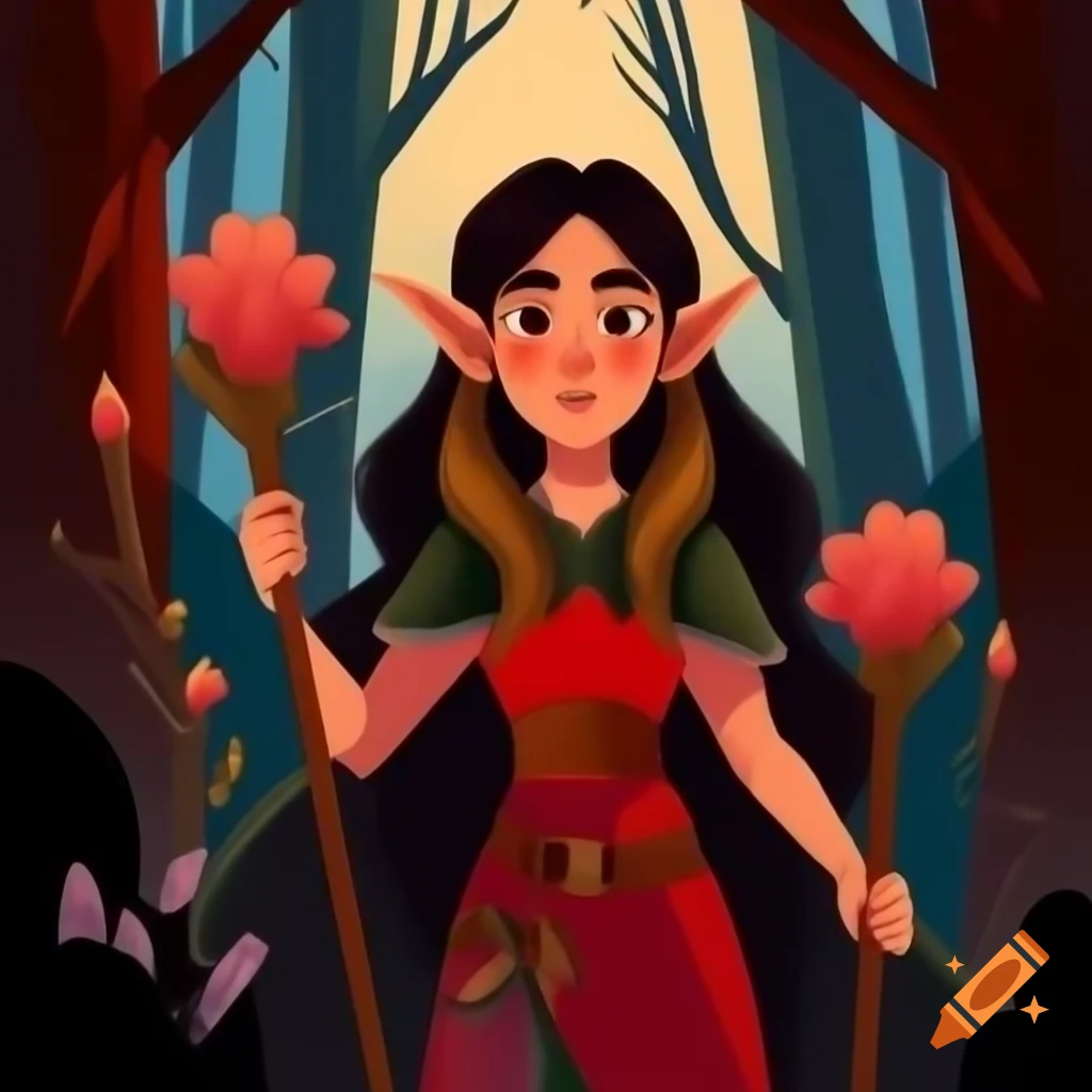 Female elf warrior in red outfit with scythe standing among trees and flowers in forest