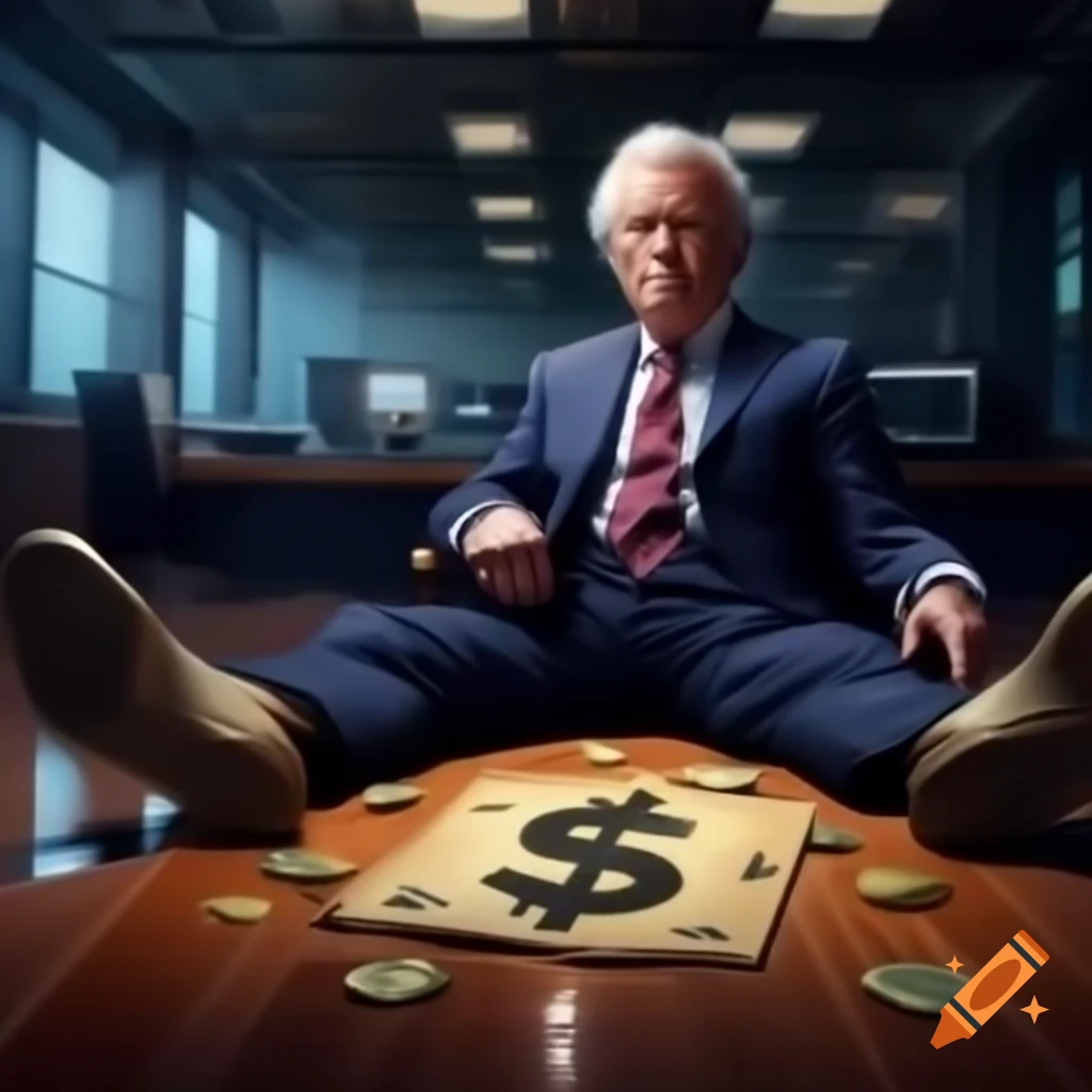 Middle-aged businessman in navy suit sitting cross-legged on polished hardwood floor