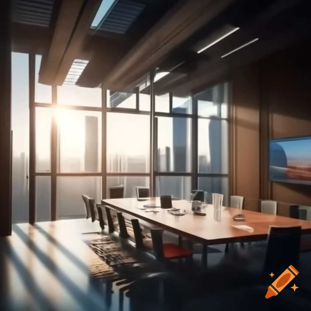 Bright conference room with urban skyline view and natural light