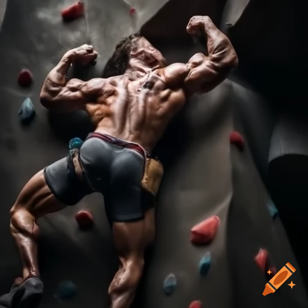 Hyper-muscular male climber scaling a mountain in photorealistic style