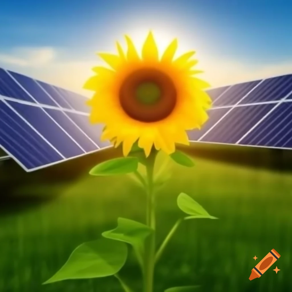 Close-up of sunflower and large solar panel both leaning towards the sun