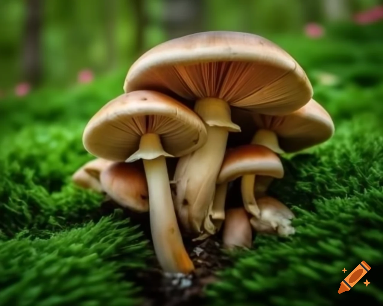 Panoramic view of mushrooms in forest during morning, HDR effect