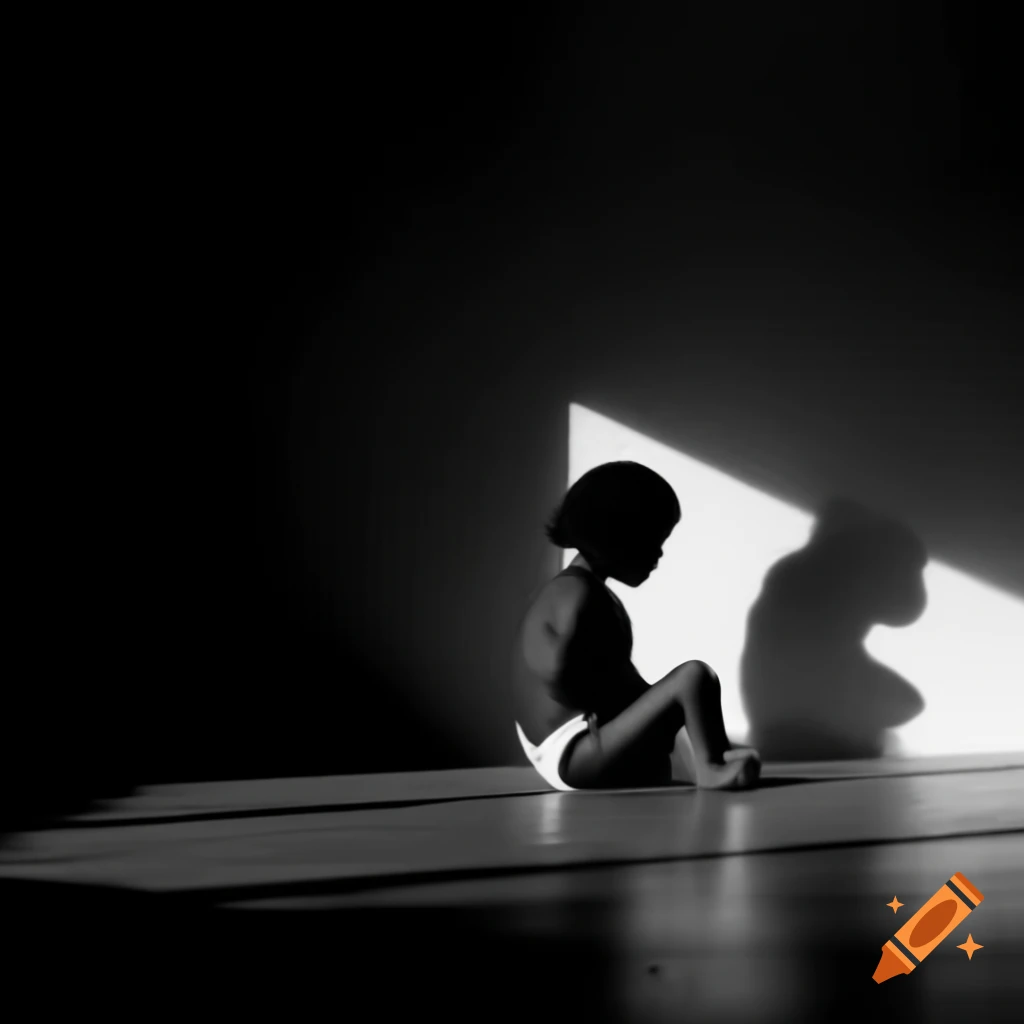 Black girl with nappy hair sitting and staring at her shadow, holding her legs
