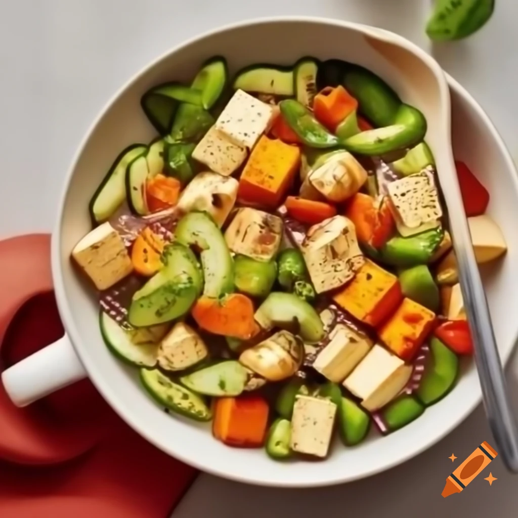 Dish with tofu, broccoli, red pepper, carrot, and zucchini seasoned with soy sauce and sesame oil