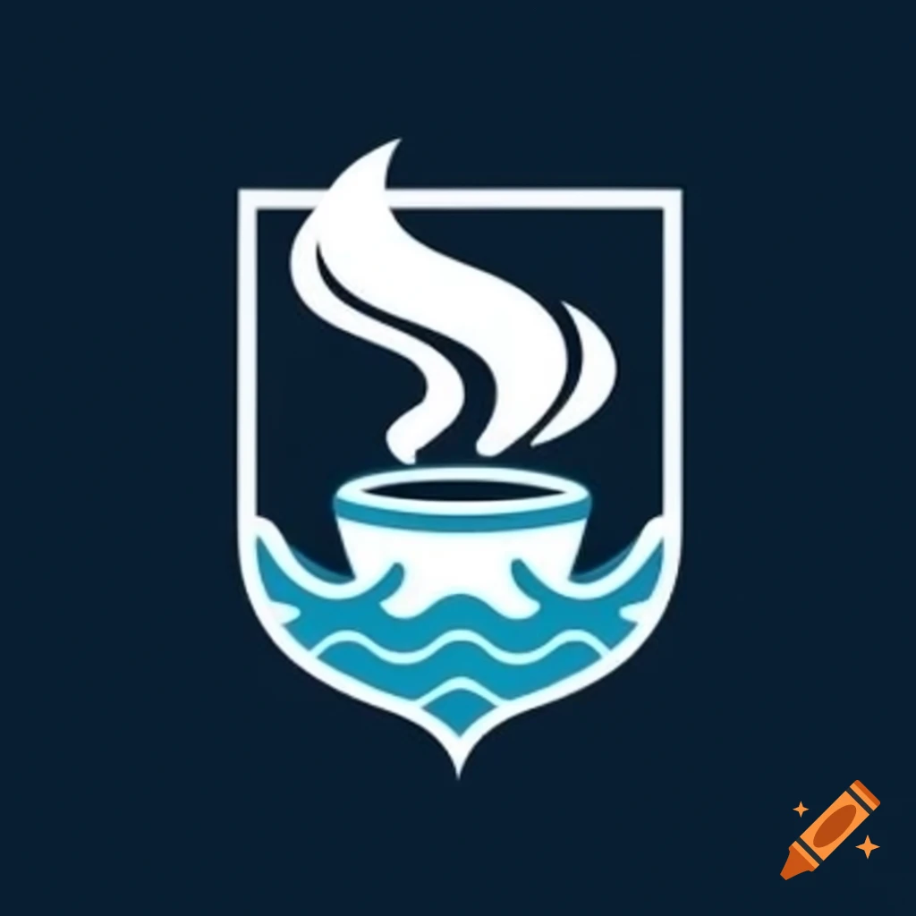 Crest with stylized waves and steaming coffee cup, representing Tidal Brews