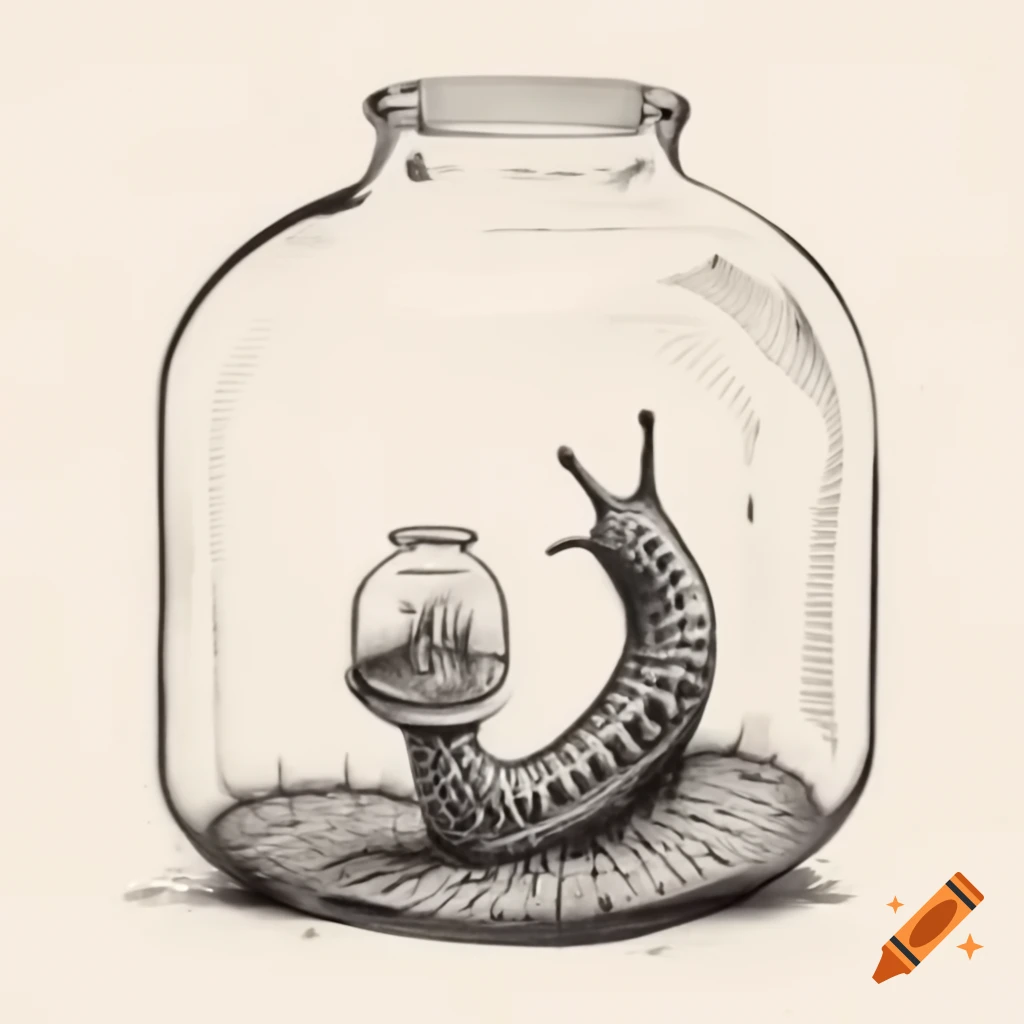 Ink sketch of a slug with glass terrarium