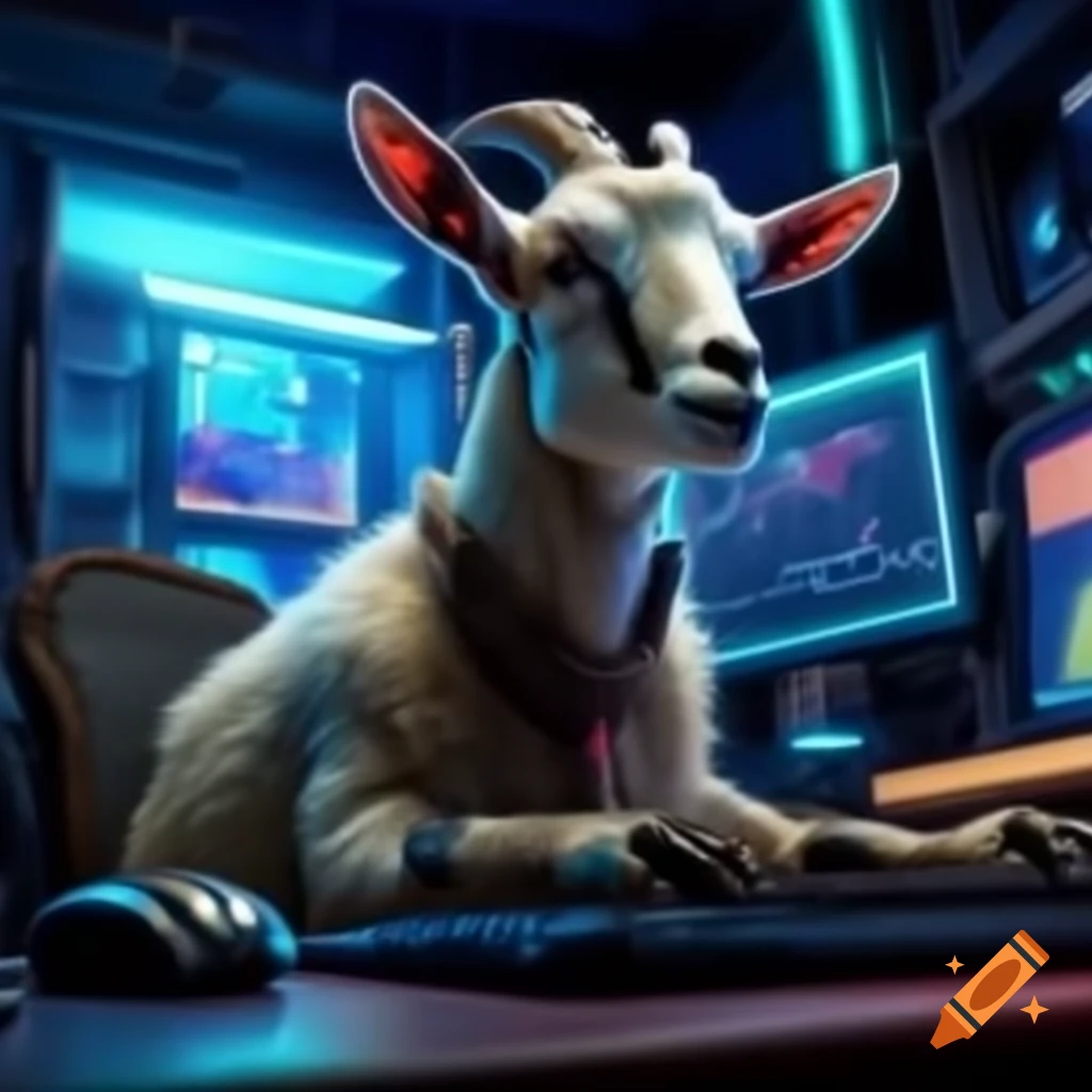 Goat wearing shades sitting on futuristic computer