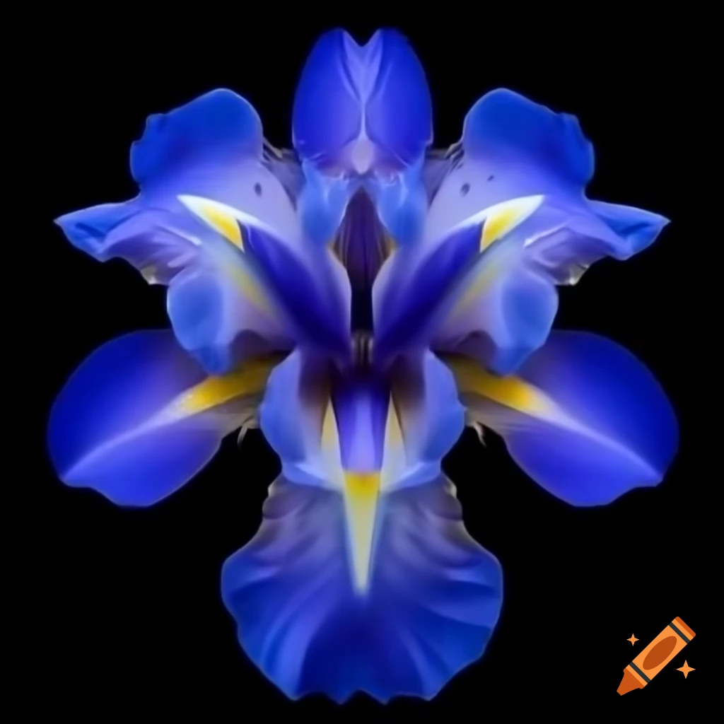 Top view of blue iris flower with captivating blue fire pattern on petals