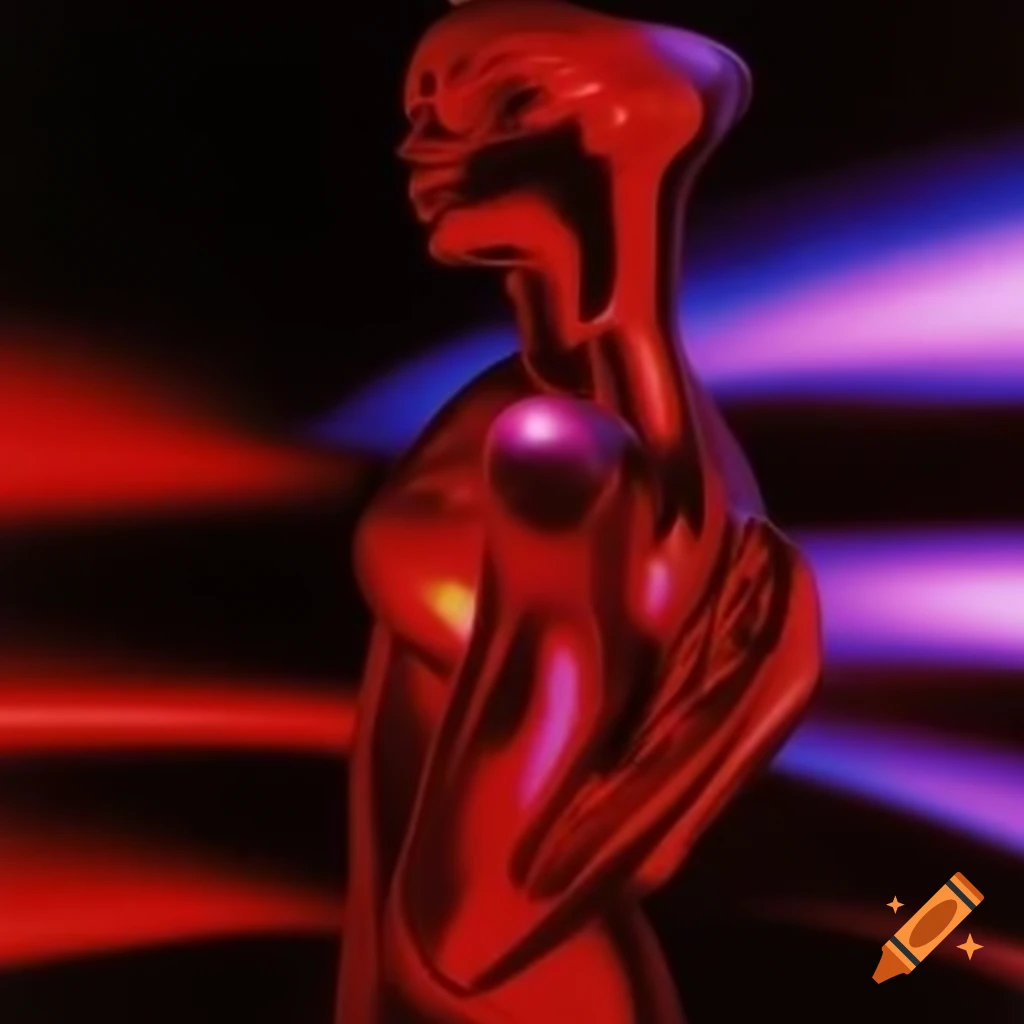 Pop surreal photography featuring iridescent red glass statue