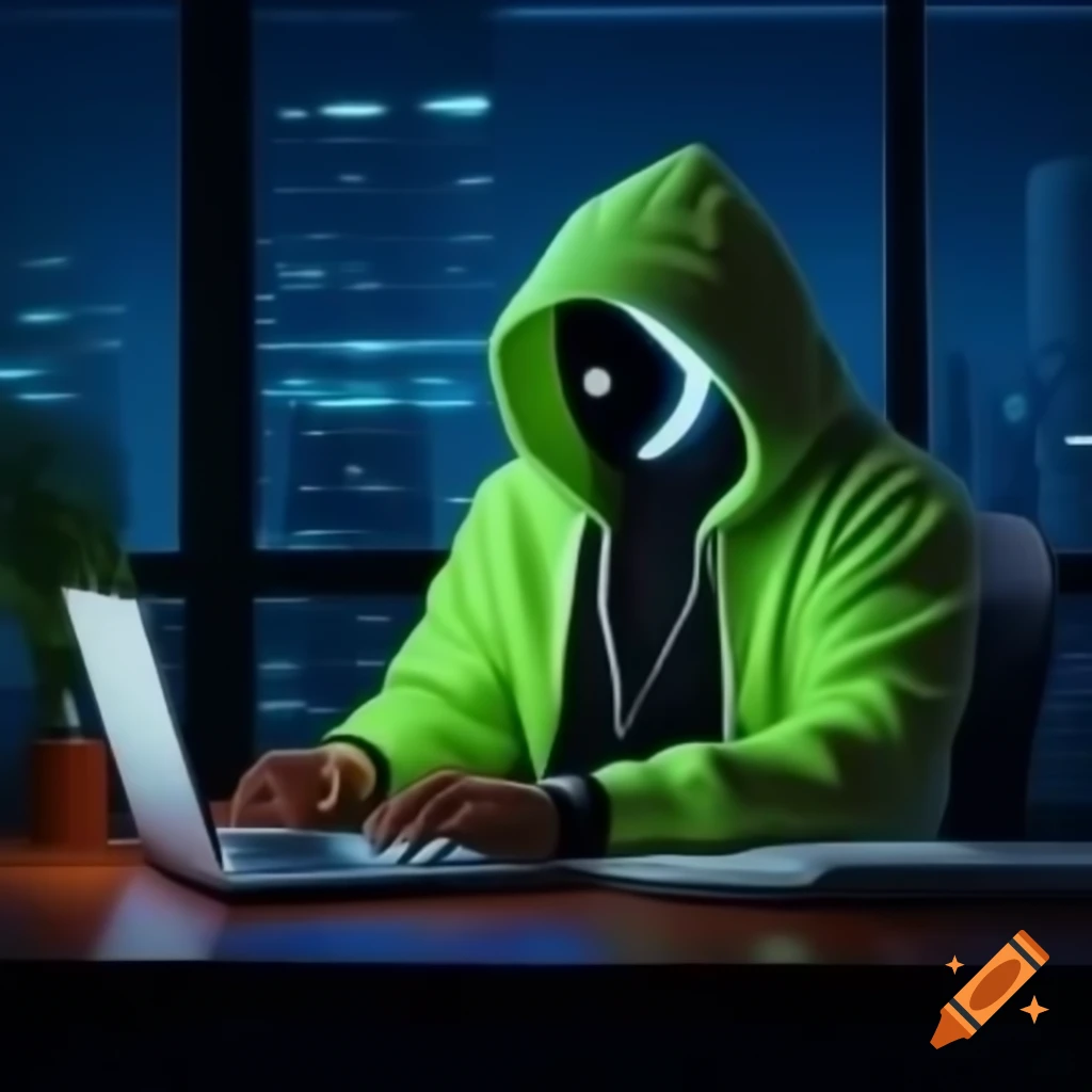 Business-friendly AI character in black hoodie sitting at night in office, facing forward