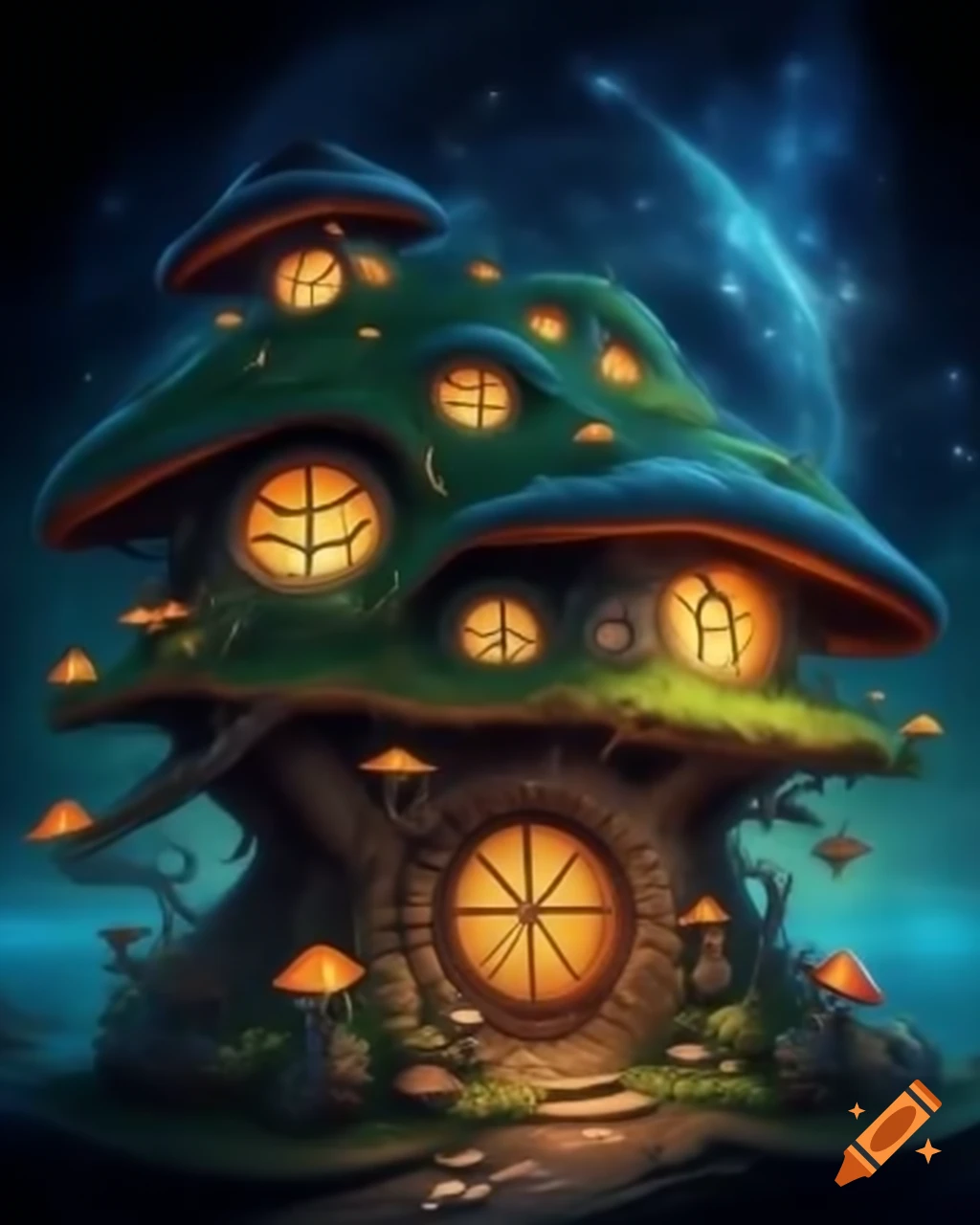 Mushroom hobbit tree house by galactic lake, dark fantasy art, soft lighting