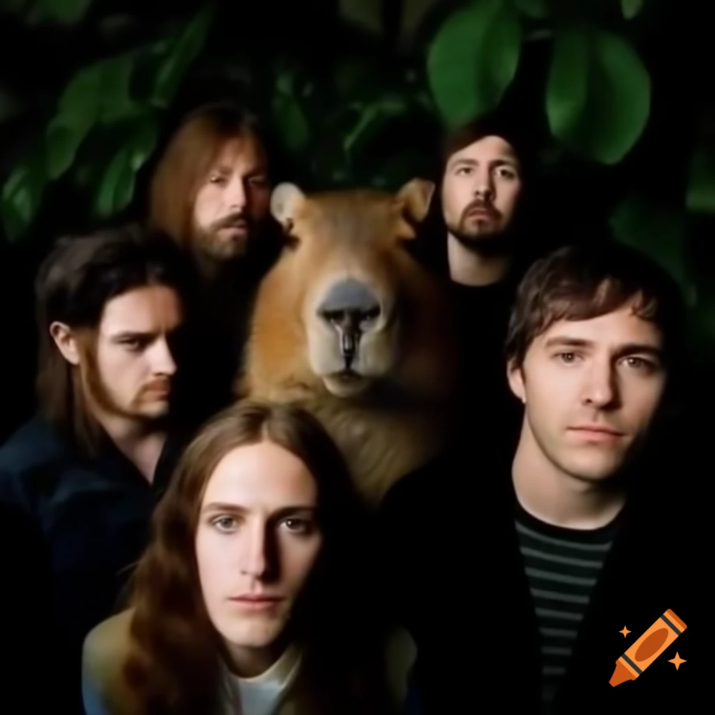Capybara surrounded by indie-rock band members