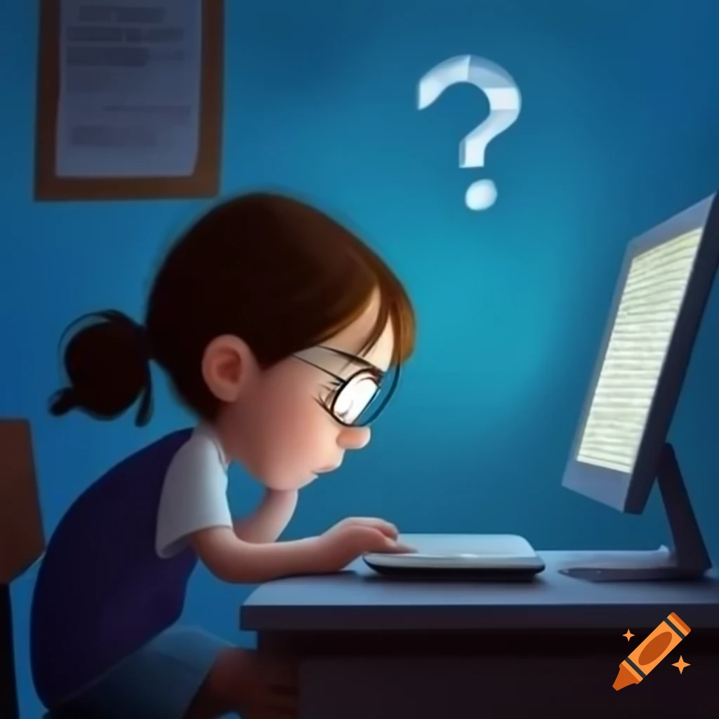 Girl looking confused while reading computer text