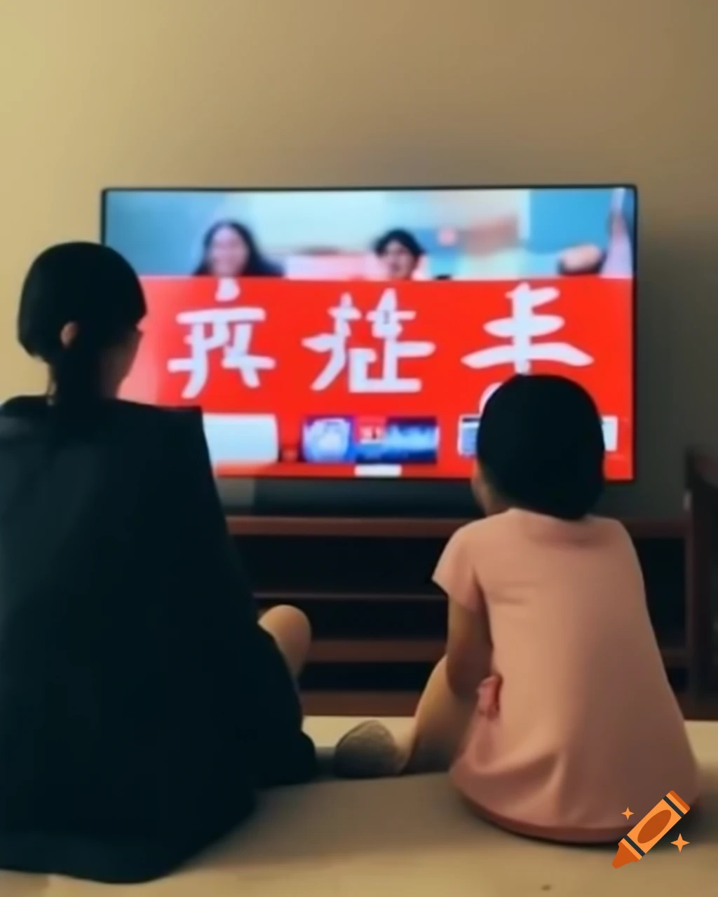 Chinese mother and daughter happily interacting while watching television