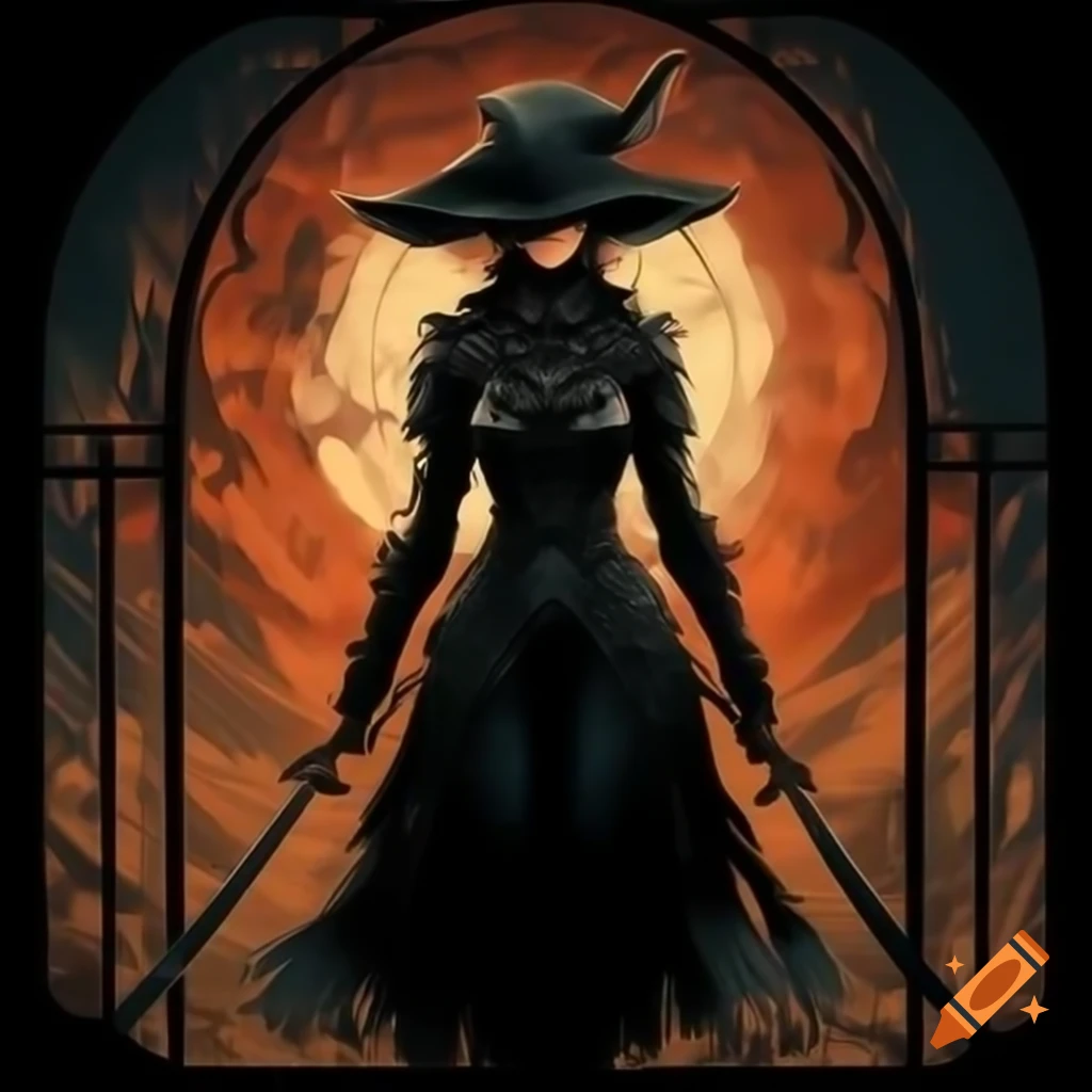 Maria, mysterious hunter from Bloodborne, in Art Nouveau setting with dramatic lighting