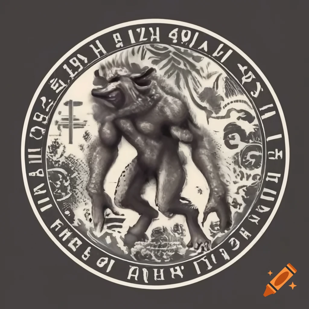 Engraving of a skinny werewolf with alchemic symbols, cross-hatched inking style