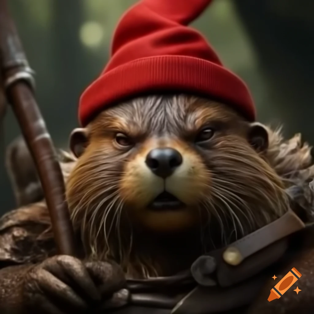 Beaver barbarian with wooden arm and red hat, showcasing a rugged appearance