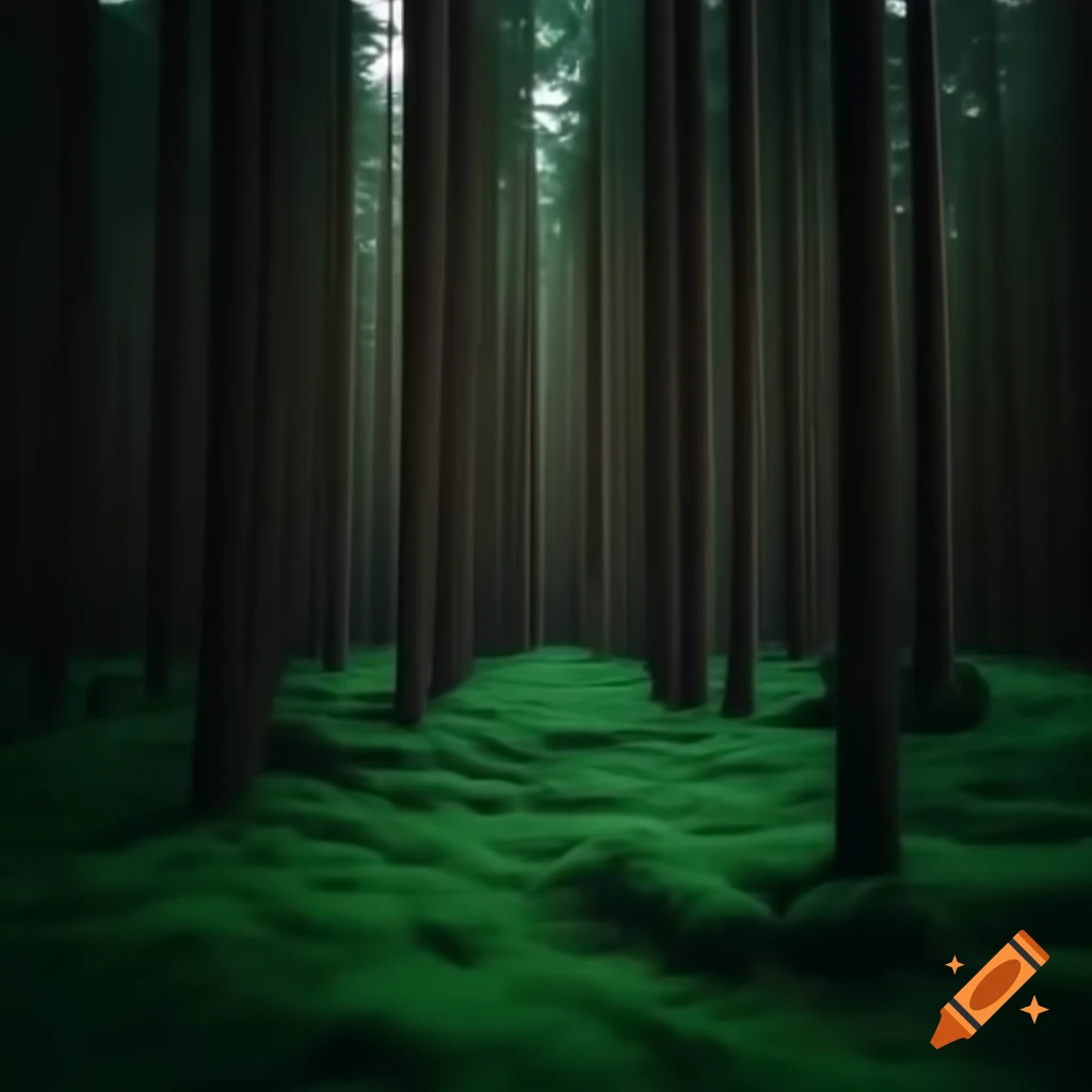 Mysterious dark forest with shadows and dense trees