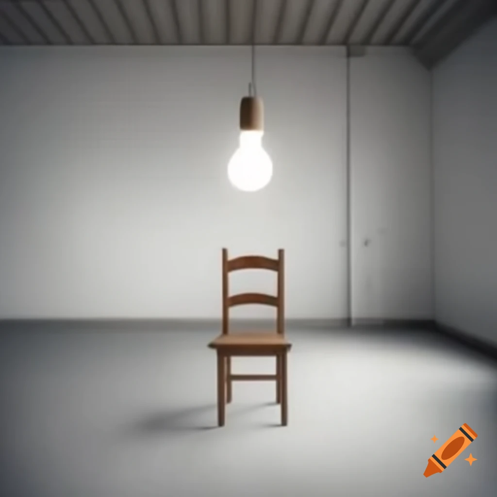 Wooden chair in a white room with frantic writing on the walls
