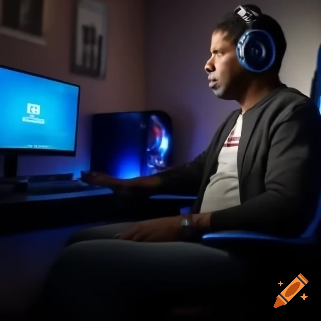 Denzel Washington in casual outfit with headphones inspecting crashed computer displaying Blue Screen of Death in gaming room