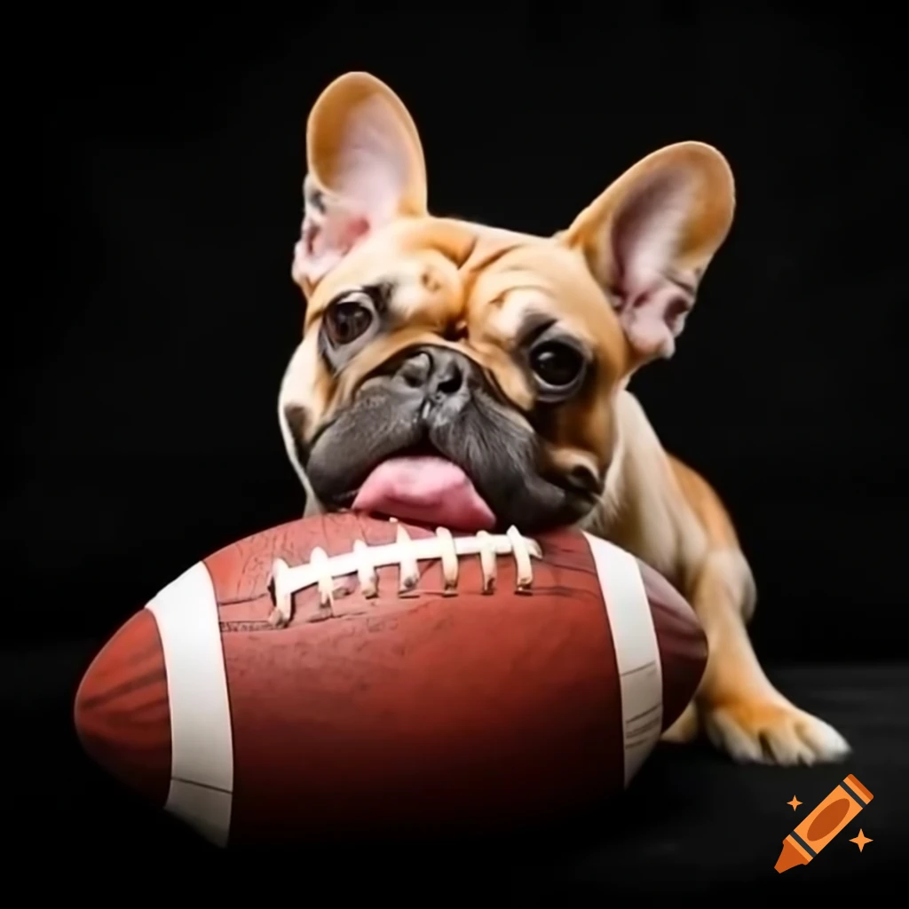 Fawn French bulldog holding football in mouth