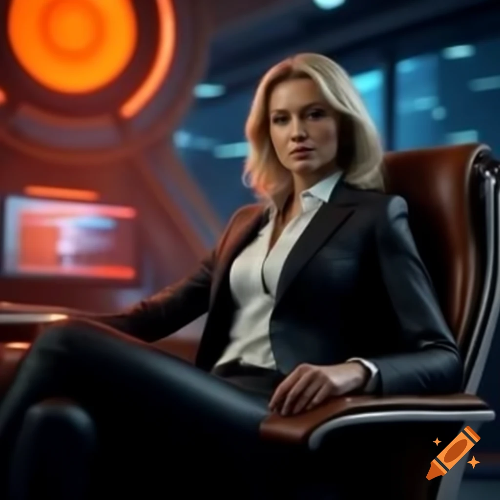 Professional chairwoman in suit sitting in leather chair with futuristic orange office background
