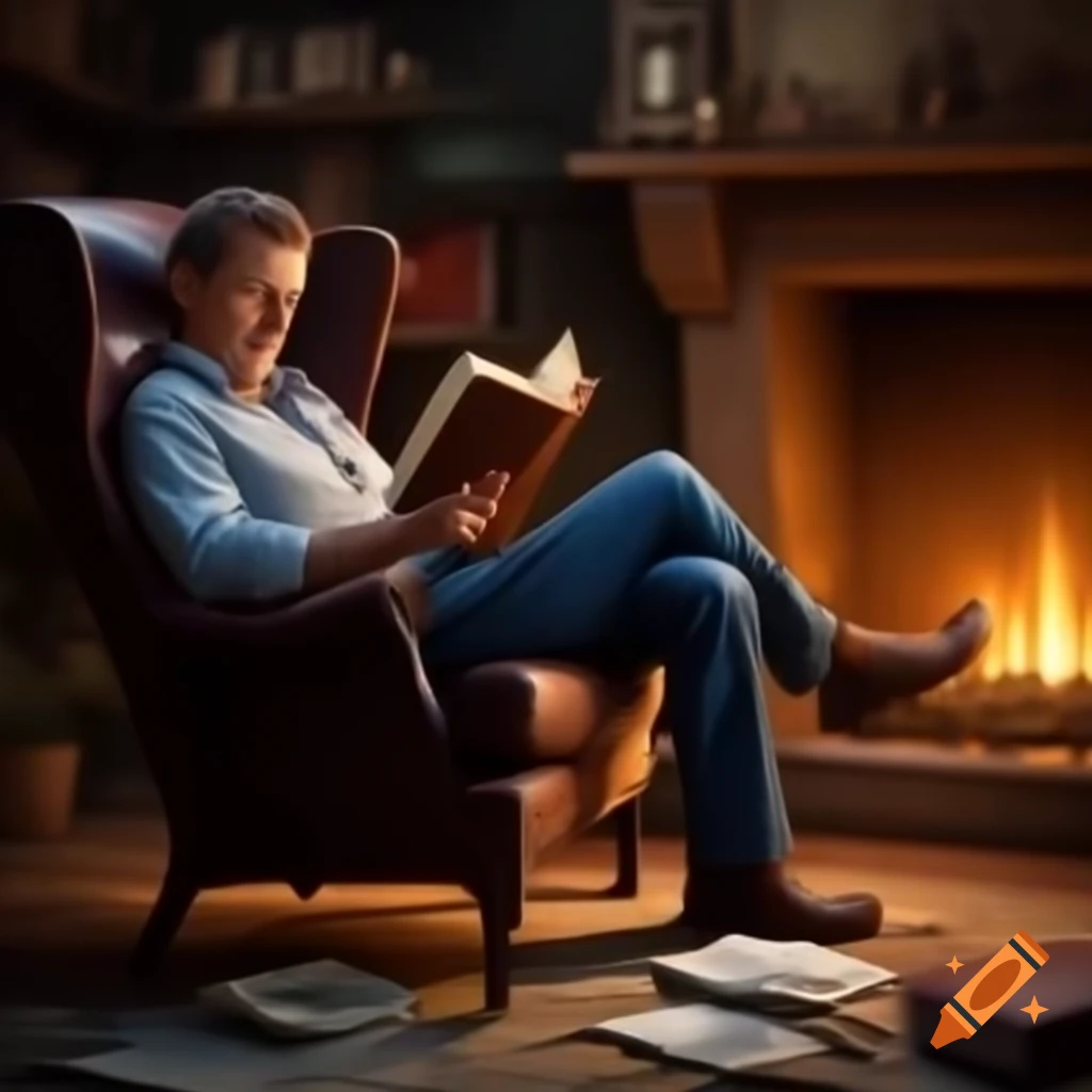 Man reading a book by a fireplace, focused and curious