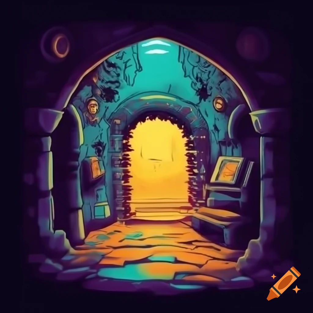 Dungeon corridor vector art illustration with limited color palette