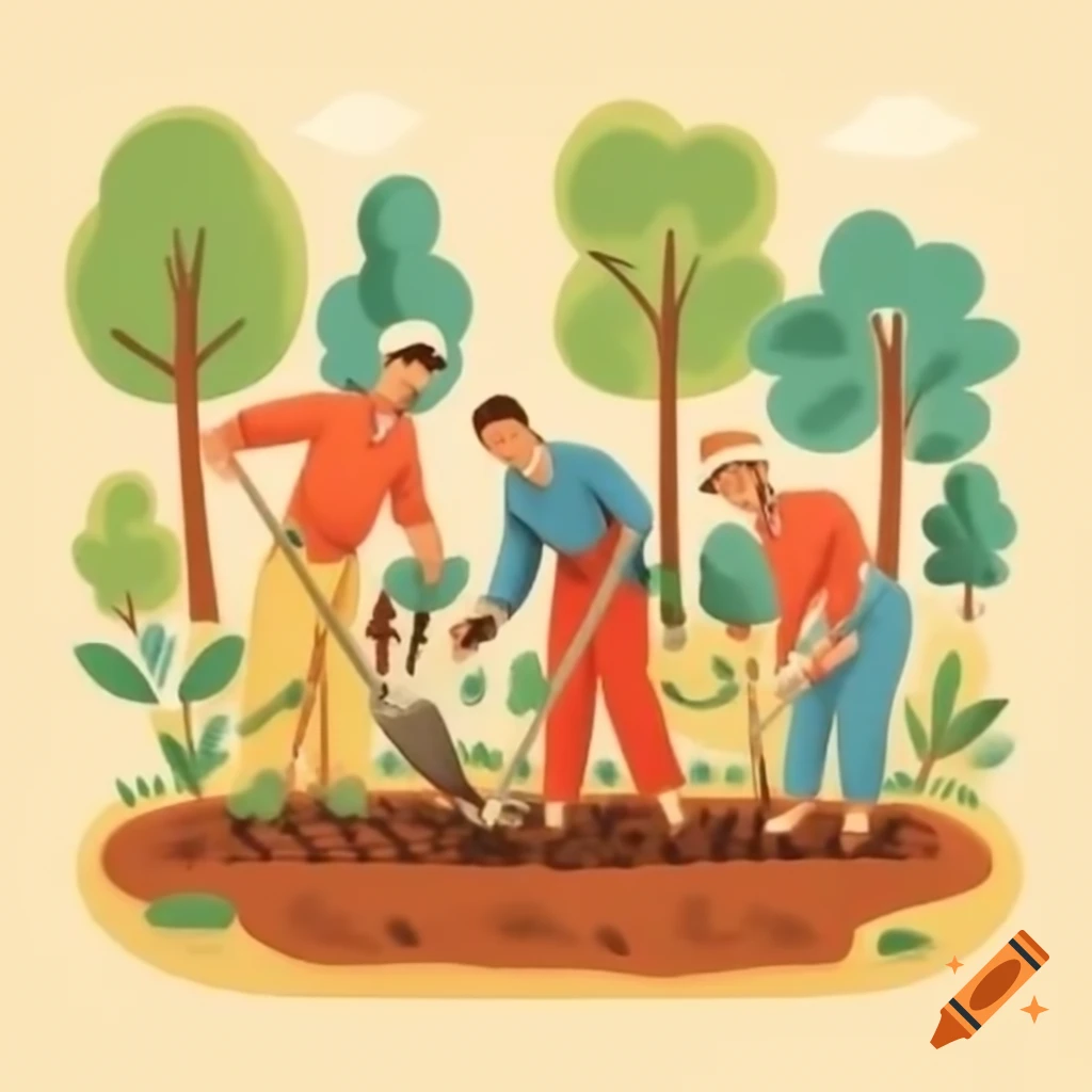 Retro vintage cartoon of smiling people planting a garden together