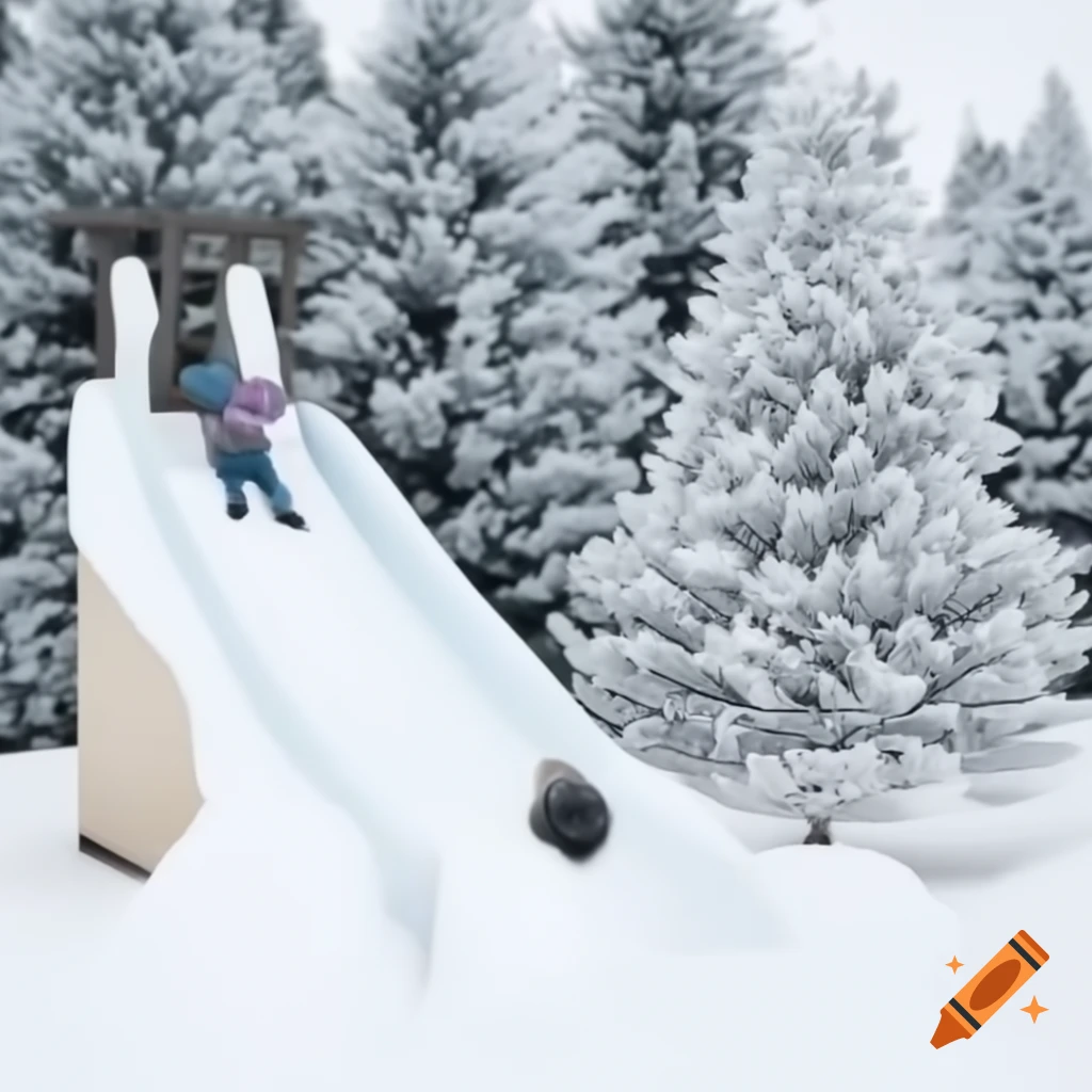 Fake snow area with kids' slide, white Christmas trees, and snowballs