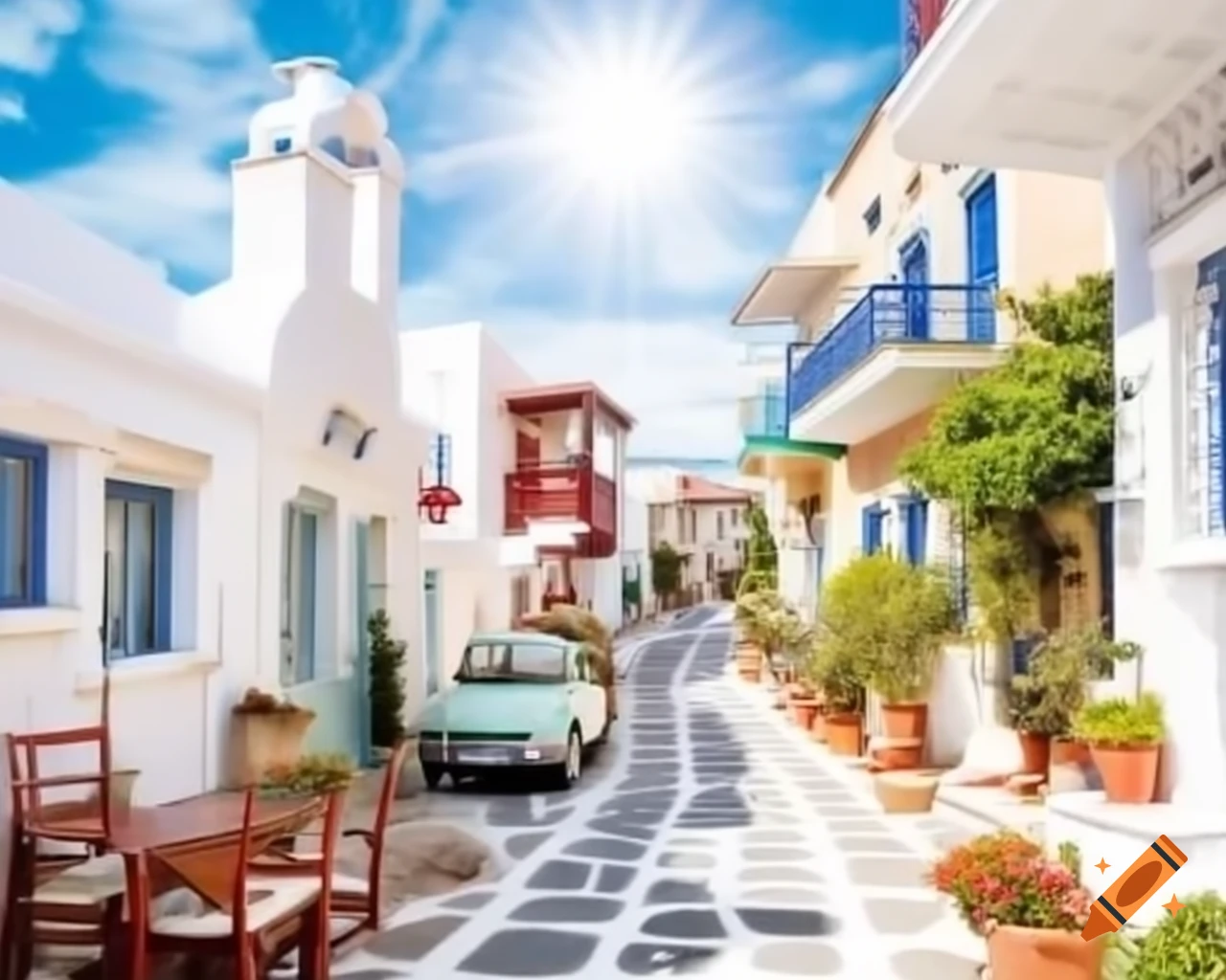 Tilt-shift effect on quaint Greek street creating miniature villages under blue sky