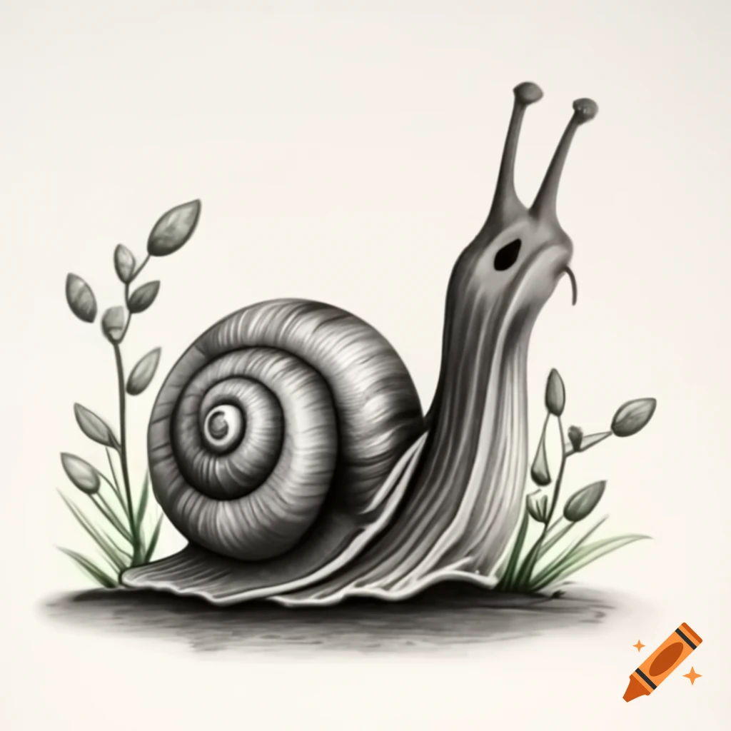 Translucent snail with glass terrarium shell surrounded by plants, ink drawing