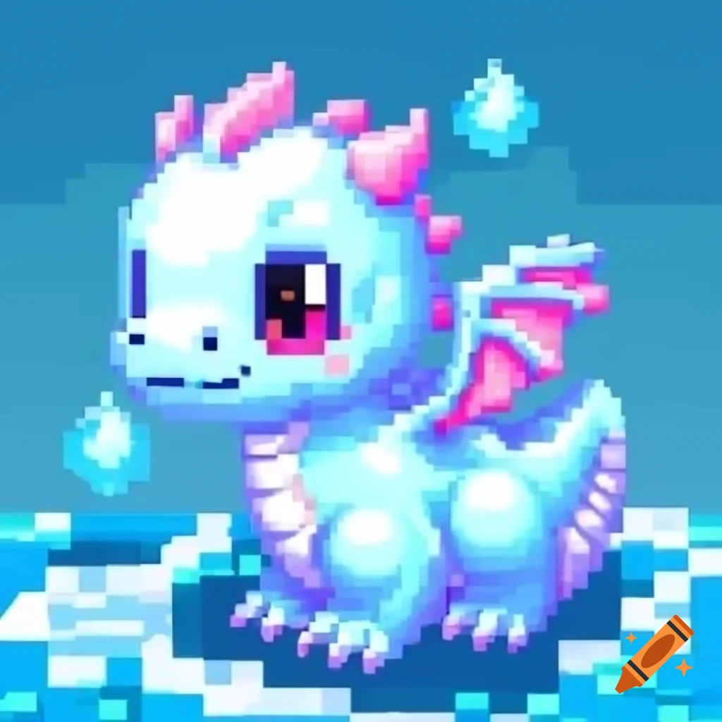 Pixel art of a baby ice dragon